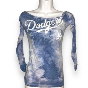 Custom Hand-Designed Los Angeles Dodgers Lace-Up Sleeve Tie-Dye Top – Small